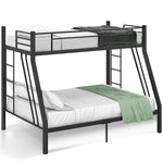 Black single-over-double triple sleeper metal bunk bed with bedding on a white background