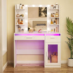 LED Vanity Desk with Charging Station & RGB Glass Top DR-17 displayed elegantly with cosmetics and a mirror.