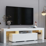 Front view of white TV unit with blue LED lighting beneath a wall-mounted TV