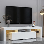Front view of white TV unit with blue LED lighting beneath a wall-mounted TV