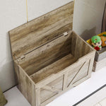 Rustic Wooden Storage bench with open lid showcasing interior space, perfect for clutter organization.