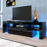 Black TV stand with blue LED lighting, open media shelf and two drawers