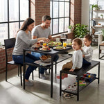 Family enjoying a meal at a dining table set with bench in a stylish living space.