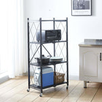 4-Tier Foldable Metal Storage Trolley with Wheels displaying kitchen appliances and cookware in a modern setting.