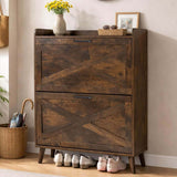 Rustic Tilt-Out Shoe Cabinet with 2 Drawers in a stylish entryway, featuring rustic wood and organized footwear storage.