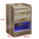 Modern LED Pedestal with Open Shelf - Set of 2, featuring two drawers and an LED light strip for enhanced functionality.