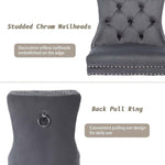 Design details of Dining Chairs Set of 2 with studded chrome nailheads and back pull ring feature.