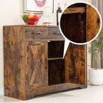 Farmhouse Buffet Sideboard with antique wood finish, featuring two drawers and an open shelf for versatile storage.