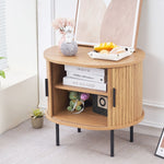 Natural wood grain round side table with storage and minimalist decor