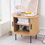 Natural wood grain round side table with storage and minimalist decor
