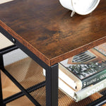 Close-up of 5-Tier Industrial Shoe Rack with rustic wood top and books on a mesh shelf.
