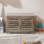 Rustic Storage Trunk Shoe Bench styled as a storage cabinet with slatted design in a cozy room setting.