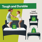 Patio Furniture Set 4 Piece PE Rattan shown with children playing, highlighting durability and load capacity.