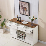 Farmhouse Wine Bar Cabinet with rustic wood top, storage drawers, and wine rack, styled with bottles and flowers.