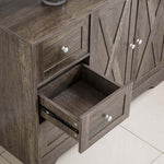 Farmhouse Sideboard Storage cabinet with open drawer, featuring rustic wood finish and decorative knobs.