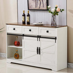 Farmhouse Wine Bar Cabinet with rustic wood top and white finish, ideal for wine, coffee, or TV display.