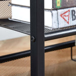Close-up of the 5-Tier Industrial Shoe Rack showing the metal frame and mesh shelf details with books.