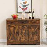 Farmhouse Buffet Sideboard cabinet with antique wood finish featuring drawers and doors, styled with decorative items and wine bottles.