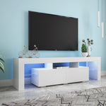 White LED TV stand with blue lighting in a modern living room