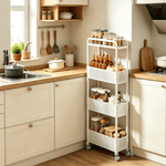 4-Tier Rolling Storage Cart in a modern kitchen, featuring jars and containers on its shelves for organized storage.