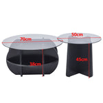 Modern Glass Nesting Coffee Table set showing dimensions of the larger table (70cm, 38cm) and smaller table (50cm, 45cm)