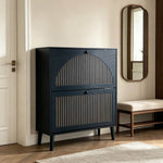 2-Door Flip Shoe Cabinet with gold-tone vertical trim, designed for modern entryways, holding 12-16 pairs of shoes.