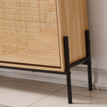 Rattan Flip-Top Shoe Cabinet showcasing rattan craftsmanship with wooden and black metal frame.