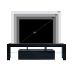 Black LED TV unit shown beneath a television up to 60 inches