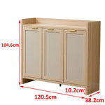 Boho 3-Door Shoe Cabinet with elegant gold handles and warm rustic charm, dimensions 120.5cm x 38.2cm x 104.6cm.