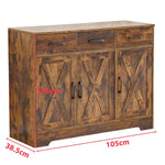 Farmhouse Buffet Sideboard cabinet featuring antique wood finish, three drawers, and stylish cross detail, perfect for home organization.
