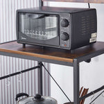 3-Tier Bakers Rack with microwave on a shelf, showcasing organization and built-in power features.
