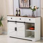 Farmhouse Wine Bar Cabinet featuring a white finish and rustic wood top, perfect for wine storage and home decor.