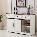 Farmhouse Wine Bar Cabinet featuring a white finish and rustic wood top, perfect for wine storage and home decor.