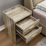 Modern LED Pedestal with open shelf design, featuring a wood-grain finish and two drawers.
