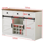 Farmhouse Wine Bar Cabinet with dimensions, featuring a rustic wood top and crisp white finish. Perfect for various home uses.