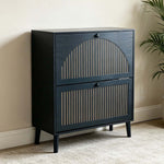 2-Door Flip Shoe Cabinet with modern design and gold-tone vertical trim, perfect for stylish shoe storage.