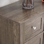 Close-up view of the Farmhouse Sideboard Storage cabinet with a rustic brown finish and drawer detail.