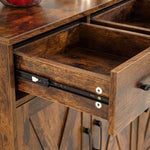 Farmhouse Buffet Sideboard cabinet drawer detail, showcasing the rustic antique wood finish and functional hardware.