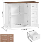Farmhouse Sideboard Storage Cabinet with dimensions and weight capacity information, featuring a rustic brown top and white finish.