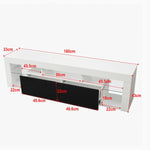 Modern Floating LED TV Stand dimensions with high-gloss finish, featuring two drawers and open shelves for storage.