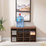 Cubby Shoe Storage Bench with Cushion & Adjustable Shelves positioned in a stylish living space against a mountain backdrop.