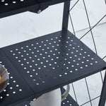 Close-up of the Mobile Kitchen Shelf showing the perforated surface and black metal design for versatile storage.