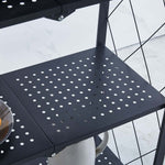 Close-up of the Mobile Kitchen Shelf showing the perforated surface and black metal design for versatile storage.