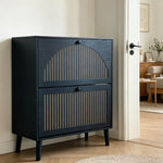 2-Door Flip Shoe Cabinet in black with gold-tone trim, designed to hold 12–16 pairs of shoes.