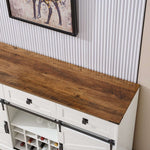 Top view of a Farmhouse Wine Bar Cabinet showcasing a rustic wood top against a textured wall.