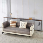 Narrow Sofa Table with Charging Station placed behind a modern couch in a stylish living room.