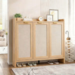 Boho 3-Door Shoe Cabinet showcasing a rustic design with gold handles, perfect for home organization and style.