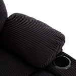 Corduroy Recliner Chair armrest detail with cup holder and soft ribbed fabric.