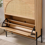 Rattan Flip-Top Shoe Cabinet showing open storage space for shoes and rattan detailing in a stylish entryway.