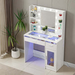 LED Vanity Desk with Charging Station & RGB Glass Top DR-17 featuring illuminated mirror and storage.